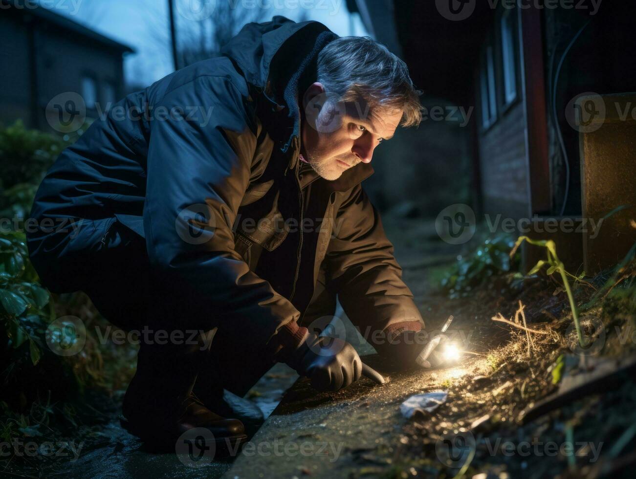 Policeman is meticulously examining the scene for evidence during his investigation AI Generative photo