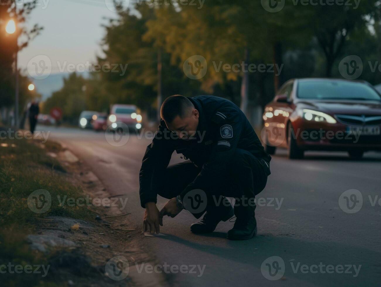 Policeman is meticulously examining the scene for evidence during his investigation AI Generative photo