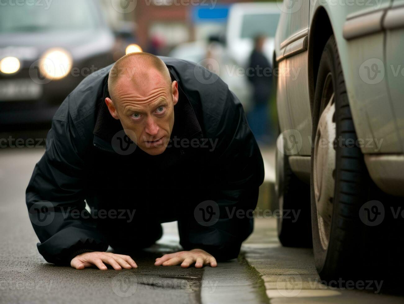 Policeman is meticulously examining the scene for evidence during his investigation AI Generative photo