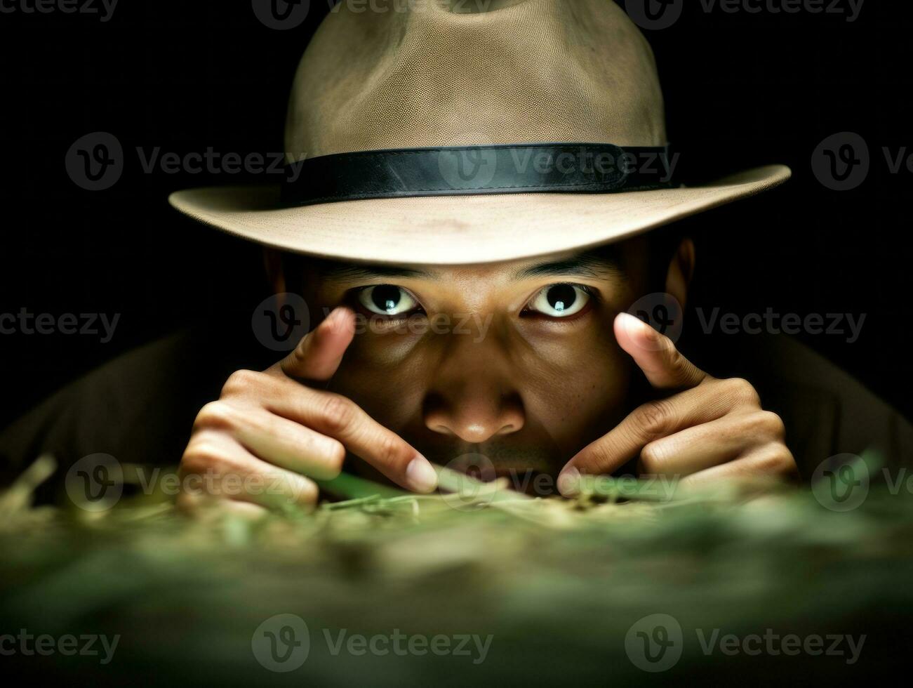 Policeman is meticulously examining the scene for evidence during his investigation AI Generative photo