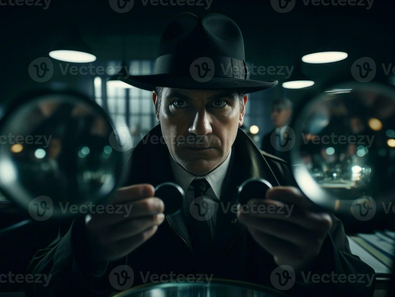 Policeman is meticulously examining the scene for evidence during his investigation AI Generative photo