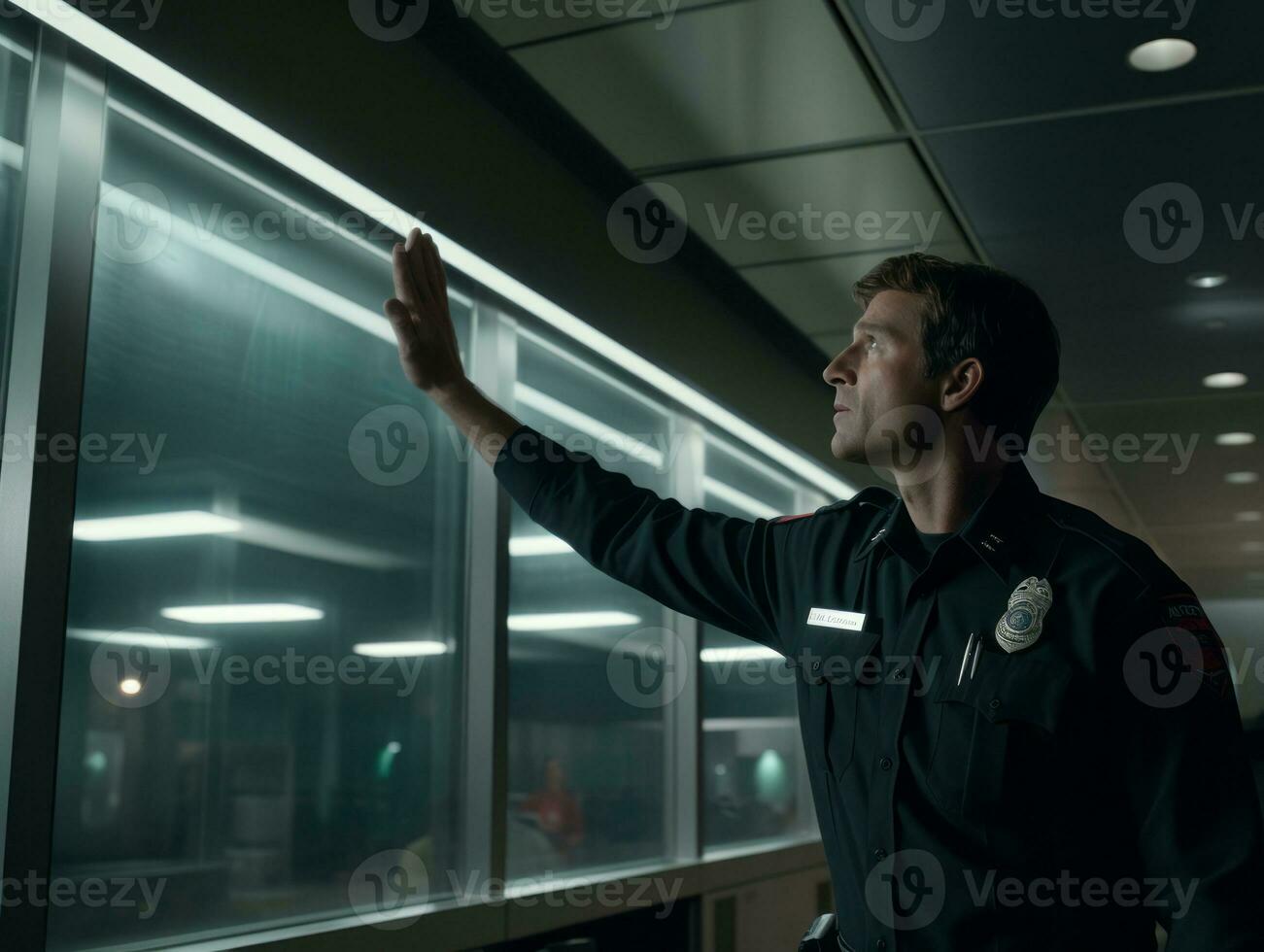 Policeman is meticulously examining the scene for evidence during his investigation AI Generative photo