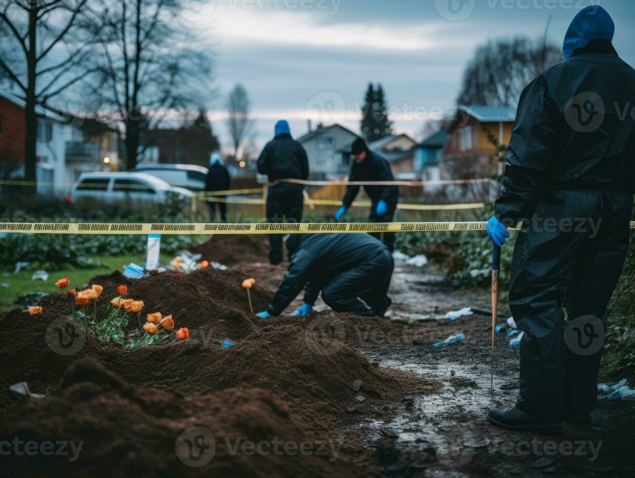 Policeman is meticulously examining the scene for evidence during his investigation AI Generative photo