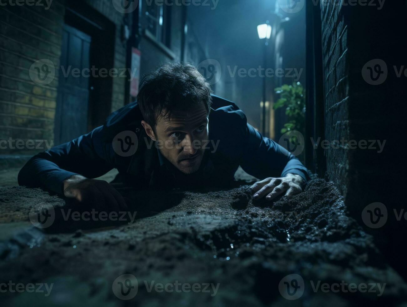 Policeman is meticulously examining the scene for evidence during his investigation AI Generative photo