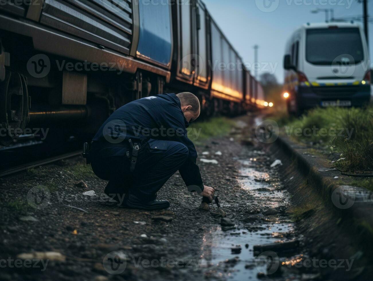 policía es meticulosamente examinando el escena para evidencia durante su investigación ai generativo foto