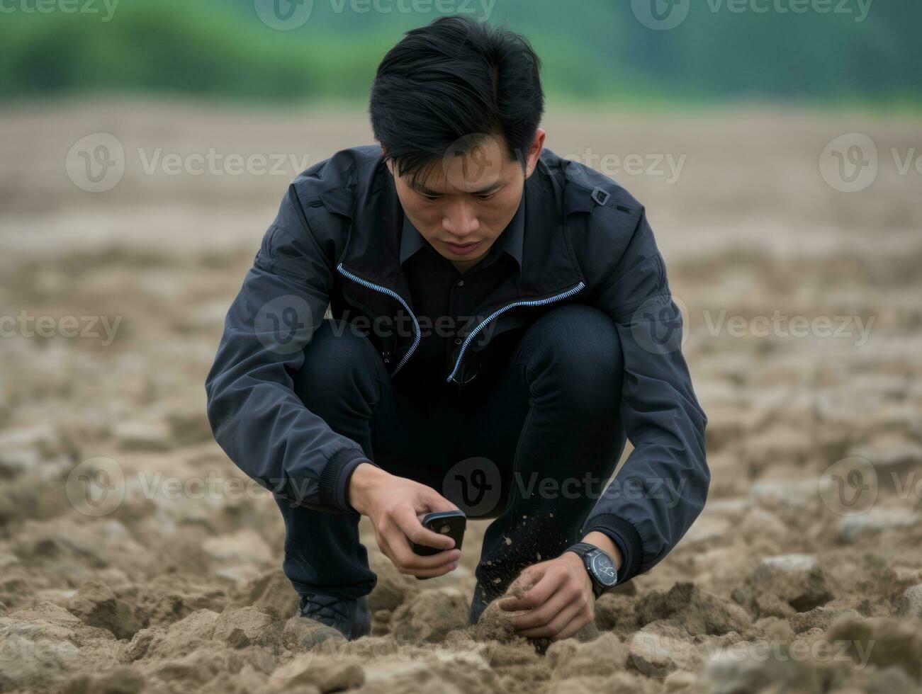 Policeman is meticulously examining the scene for evidence during his investigation AI Generative photo