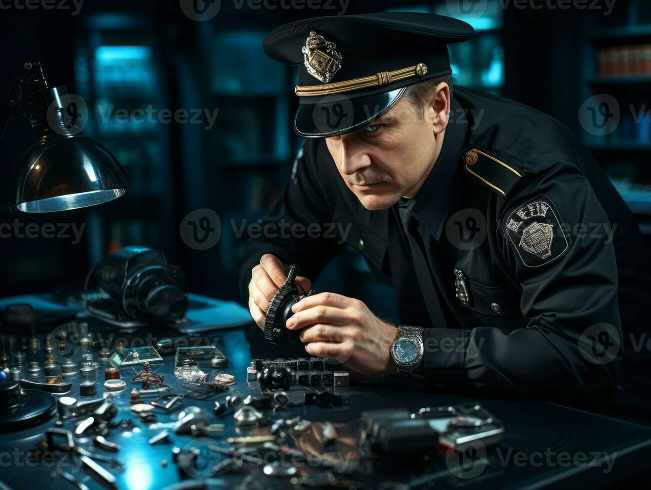 Policeman is meticulously examining the scene for evidence during his investigation AI Generative photo