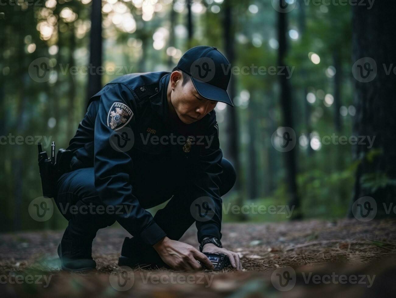 Policeman is meticulously examining the scene for evidence during his investigation AI Generative photo