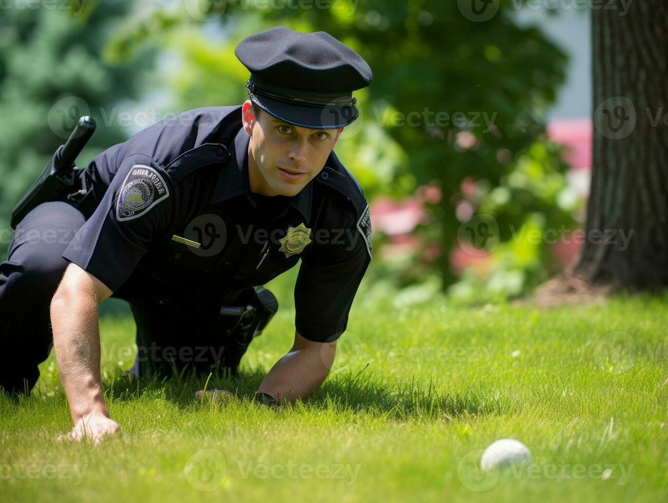 Policeman is meticulously examining the scene for evidence during his investigation AI Generative photo