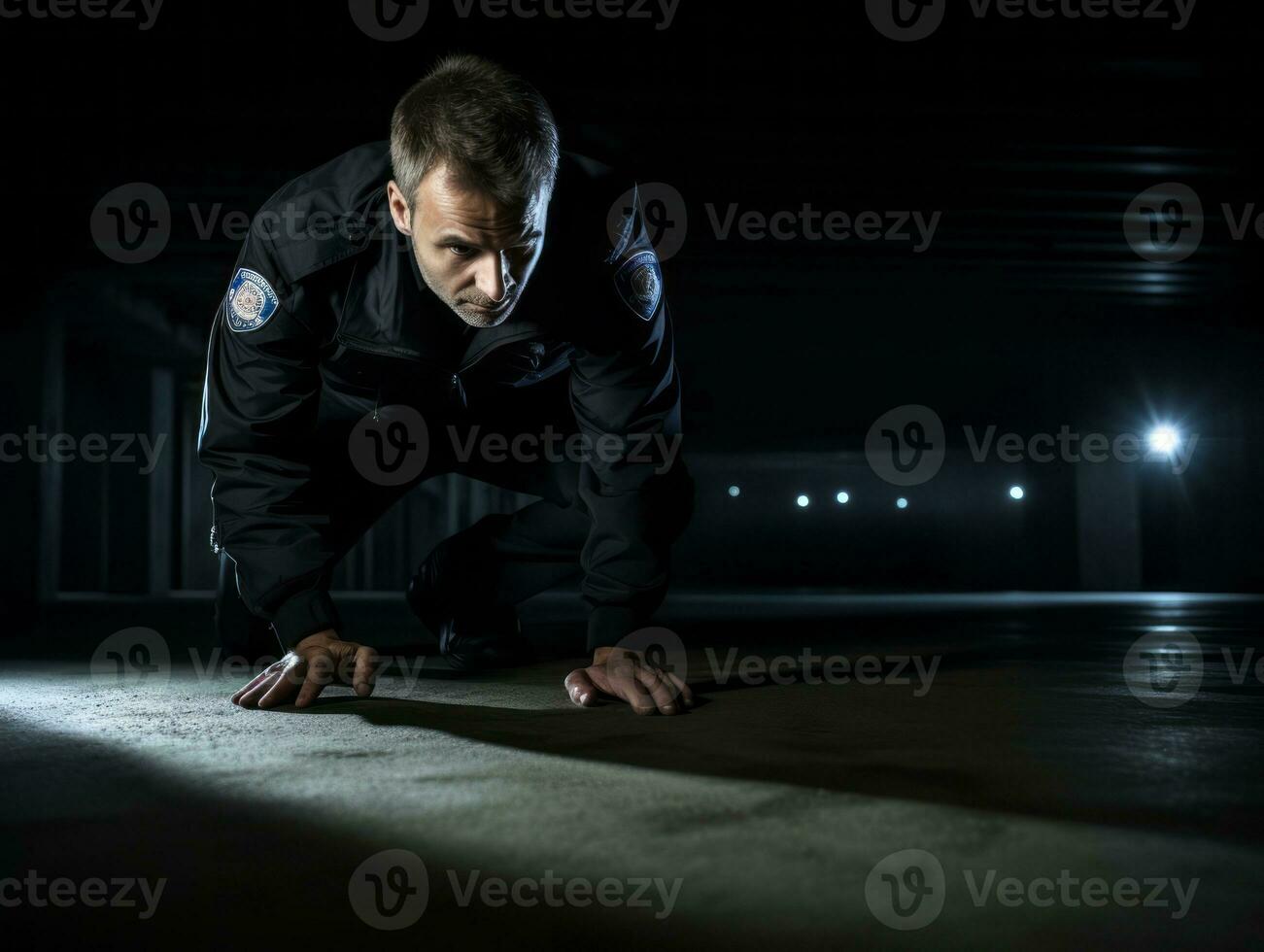 Policeman is meticulously examining the scene for evidence during his investigation AI Generative photo