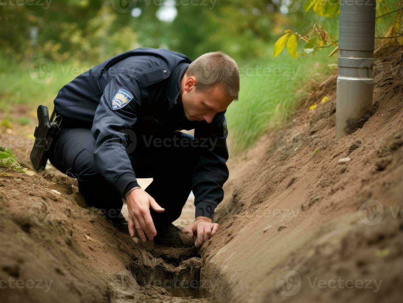 Policeman is meticulously examining the scene for evidence during his investigation AI Generative photo