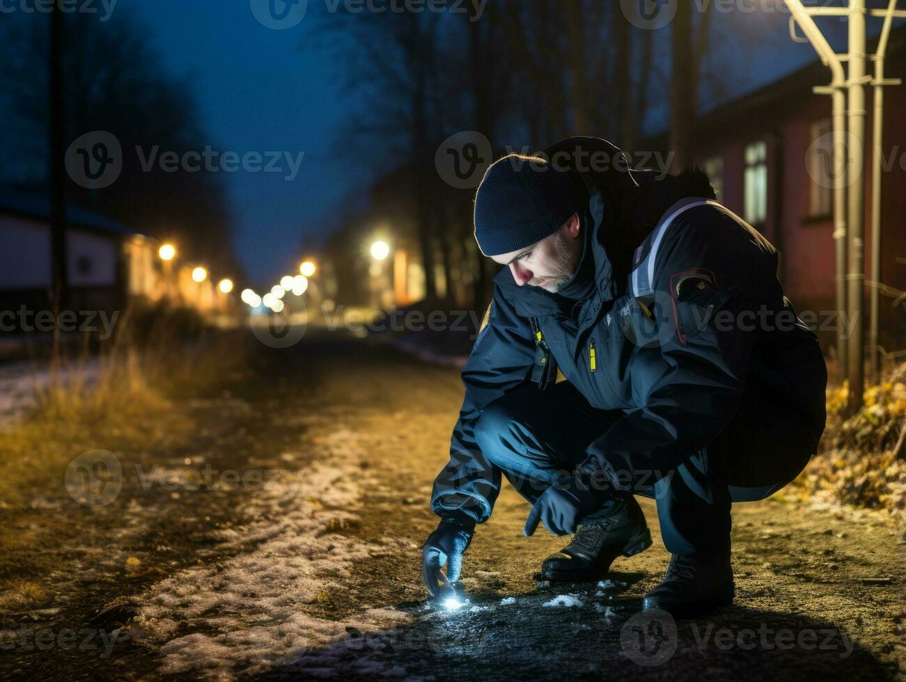 Policeman is meticulously examining the scene for evidence during his investigation AI Generative photo