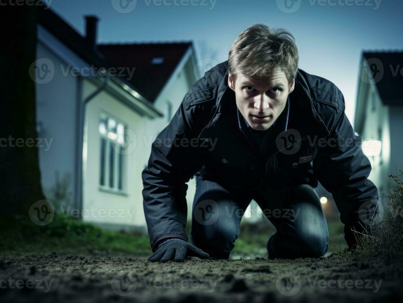 Policeman is meticulously examining the scene for evidence during his investigation AI Generative photo