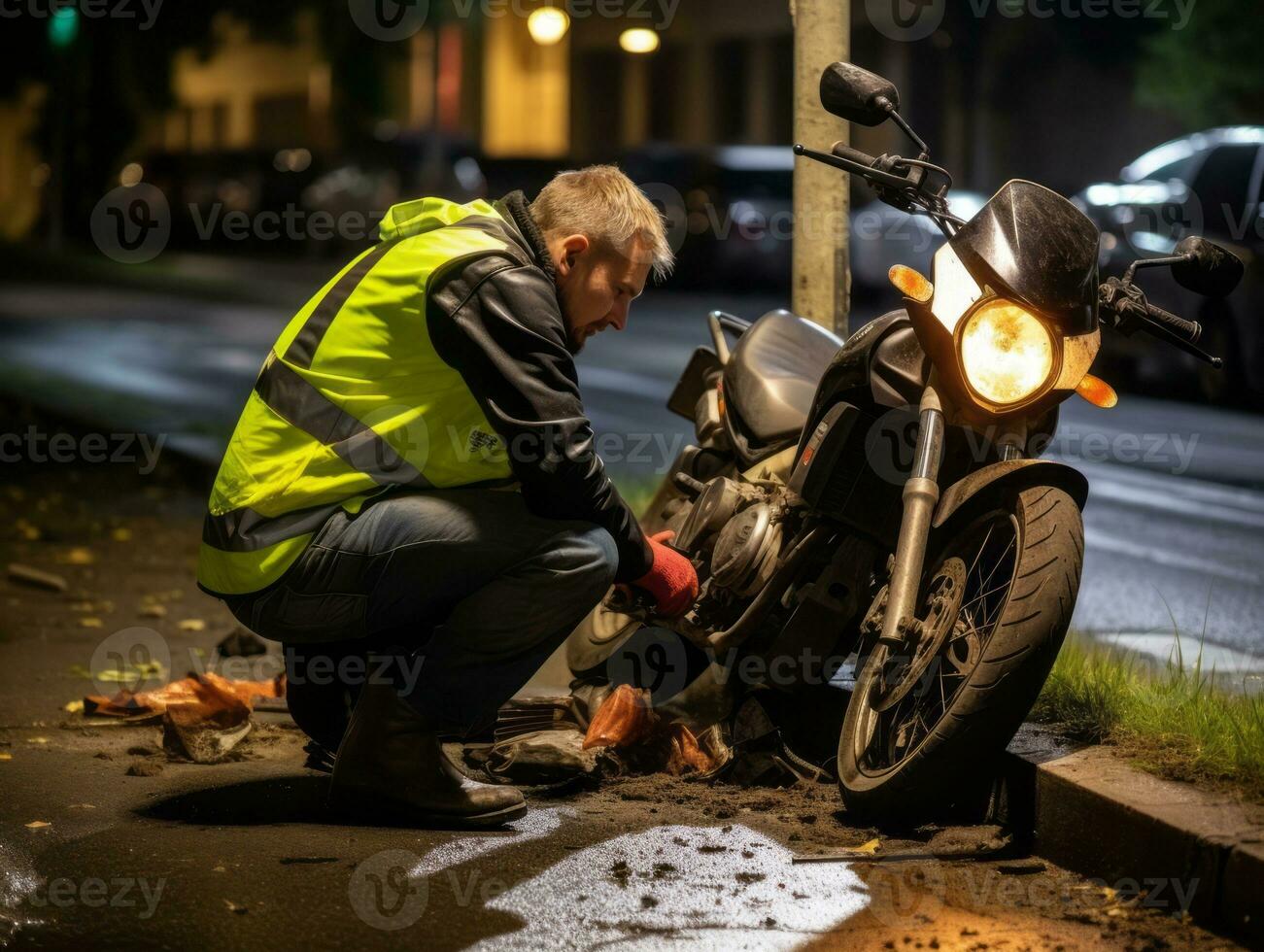 Policeman is meticulously examining the scene for evidence during his investigation AI Generative photo