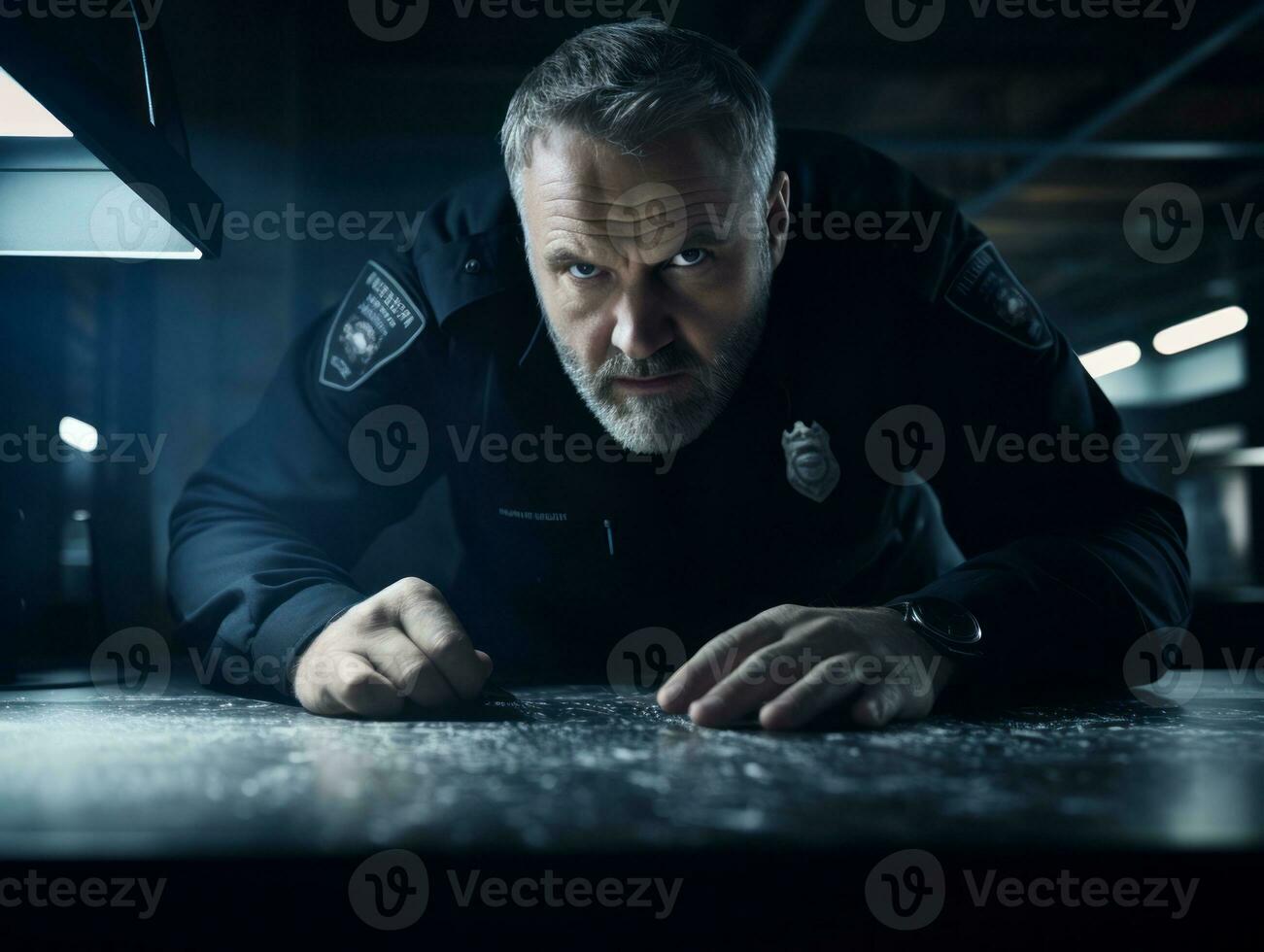 Policeman is meticulously examining the scene for evidence during his investigation AI Generative photo