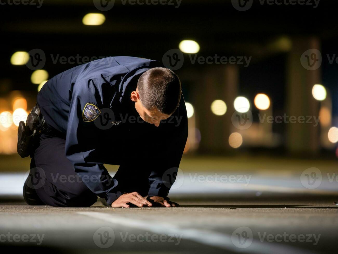 Policeman is meticulously examining the scene for evidence during his investigation AI Generative photo