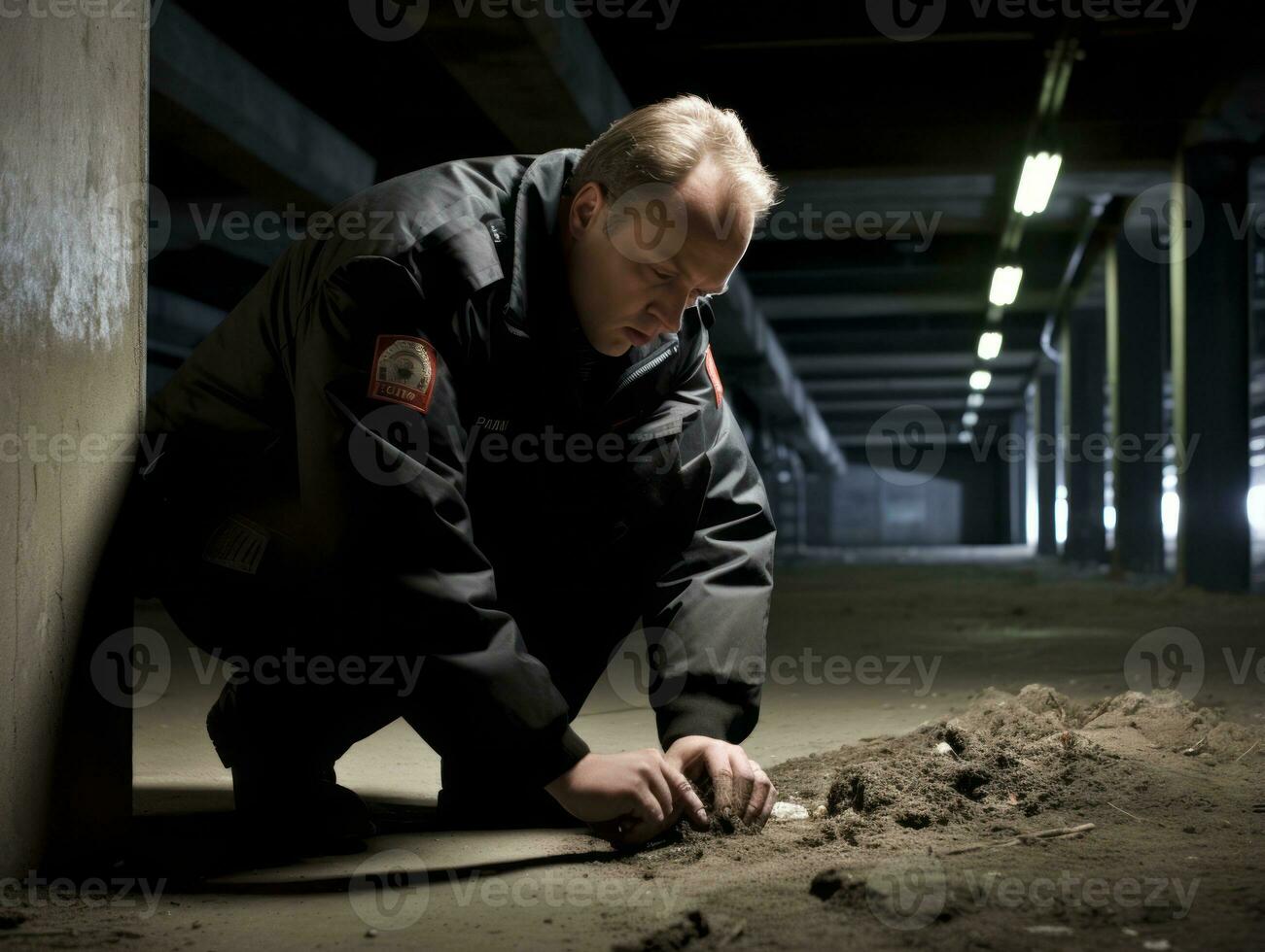 Policeman is meticulously examining the scene for evidence during his investigation AI Generative photo