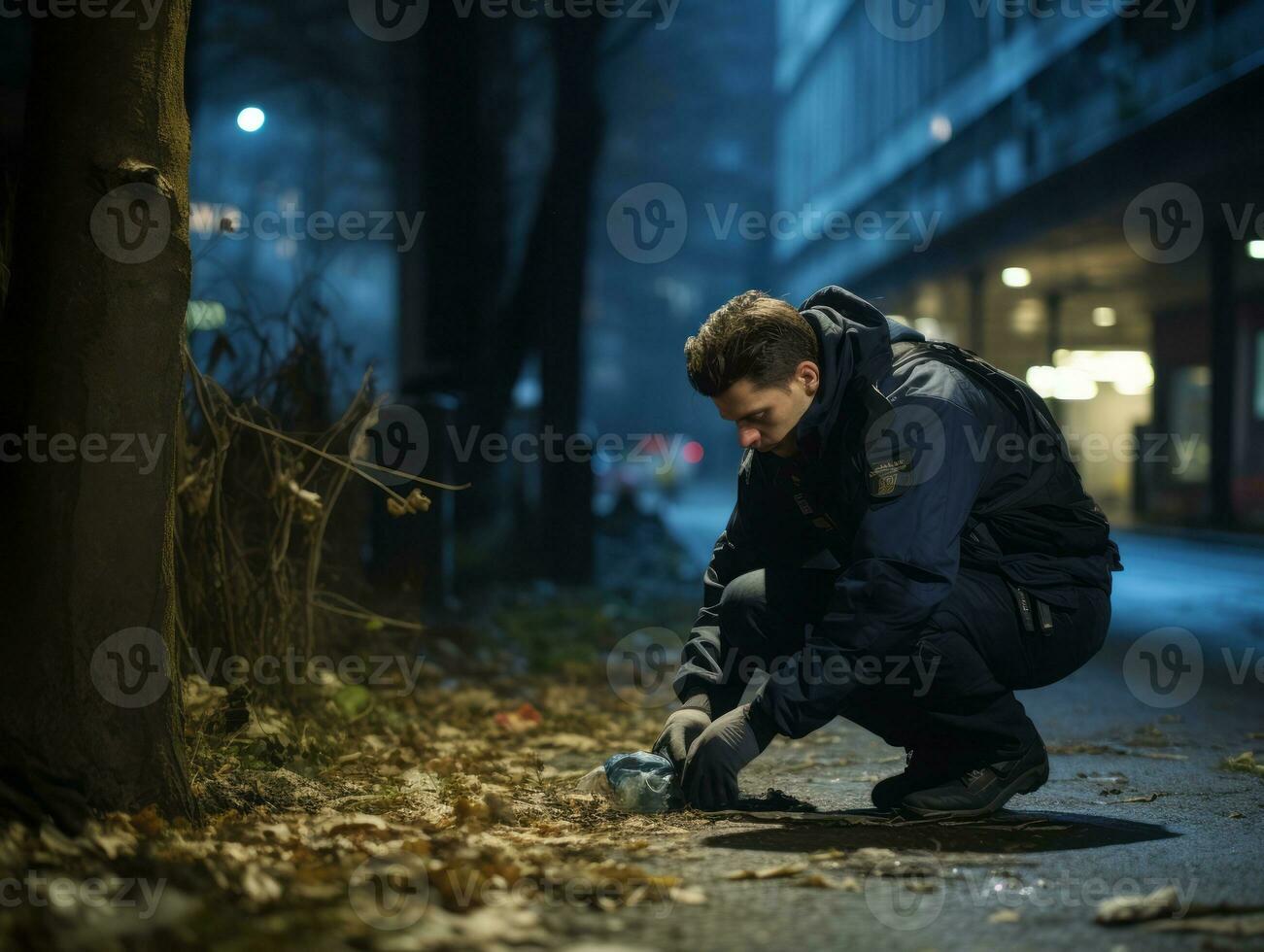 policía es meticulosamente examinando el escena para evidencia durante su investigación ai generativo foto