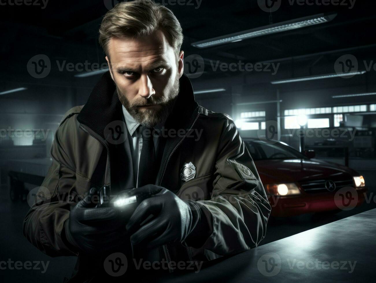Policeman is meticulously examining the scene for evidence during his investigation AI Generative photo