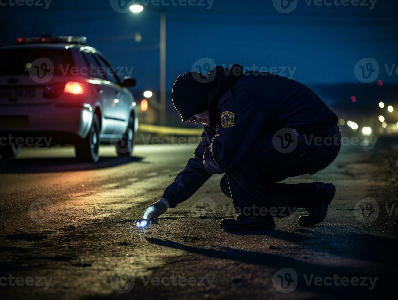 policía es meticulosamente examinando el escena para evidencia durante su investigación ai generativo foto