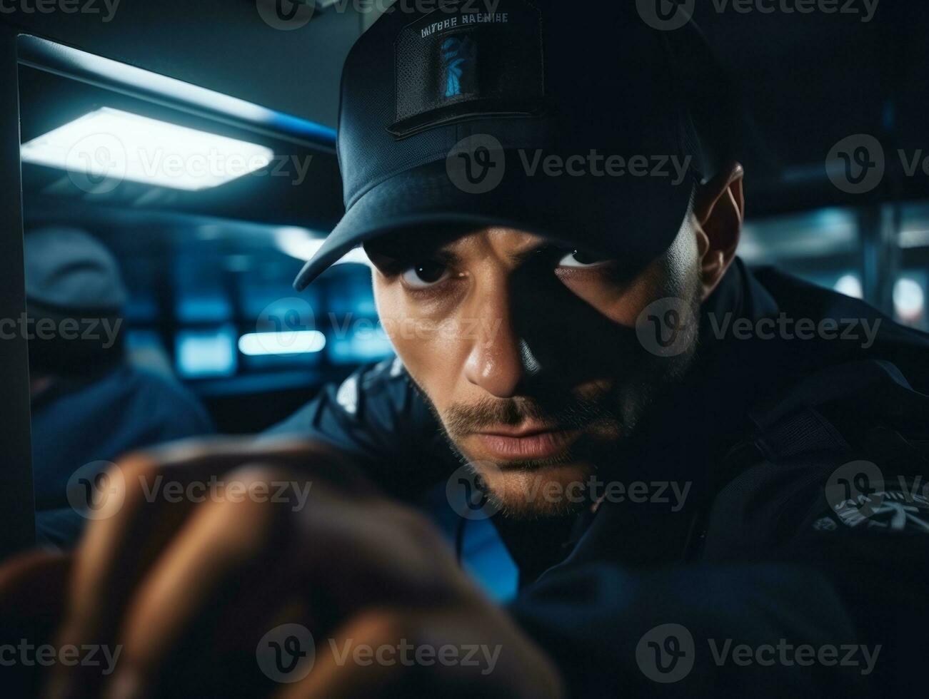 Policeman is meticulously examining the scene for evidence during his investigation AI Generative photo