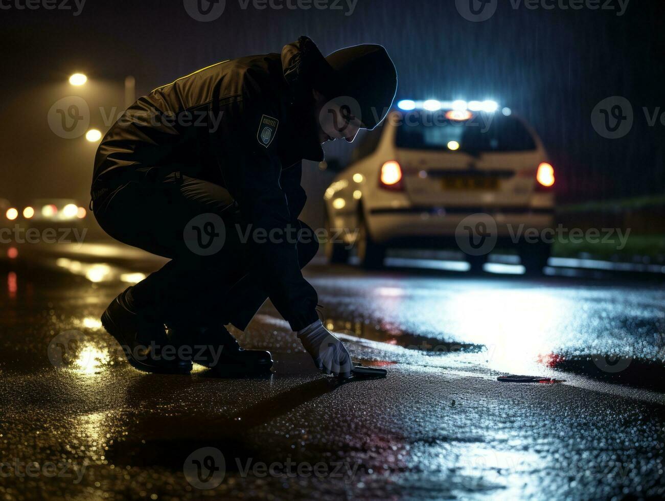 policía es meticulosamente examinando el escena para evidencia durante su investigación ai generativo foto