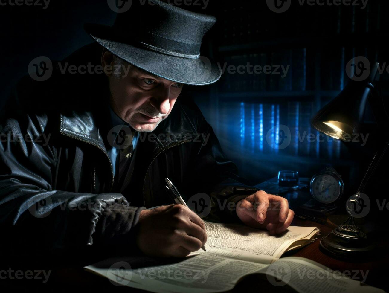 Policeman is meticulously examining the scene for evidence during his investigation AI Generative photo