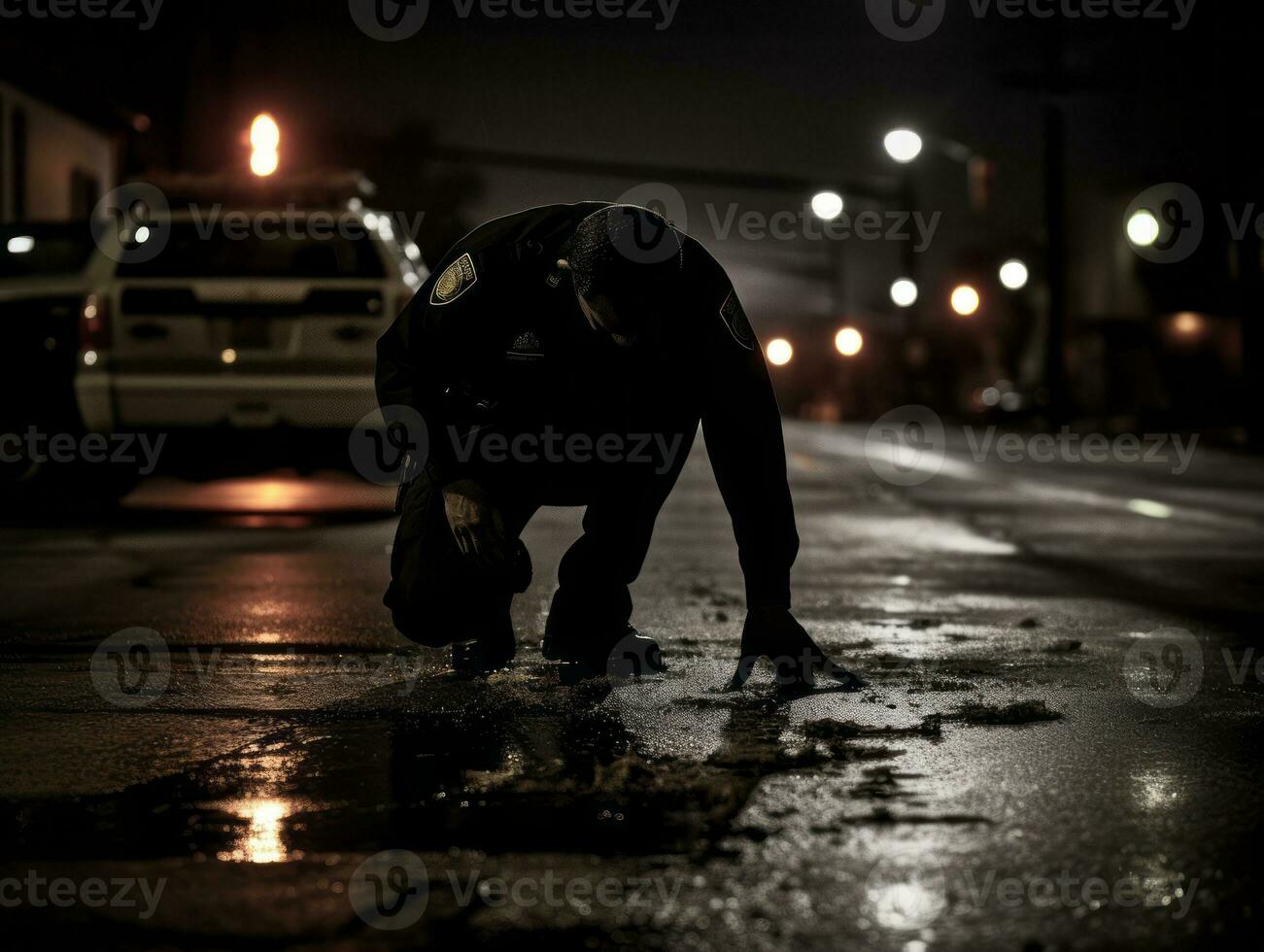 Policeman is meticulously examining the scene for evidence during his investigation AI Generative photo