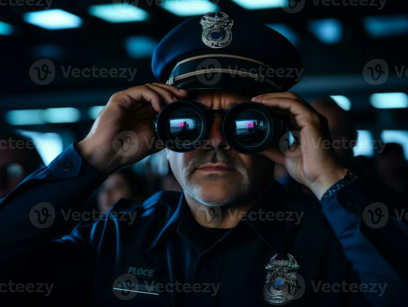 Policeman is meticulously examining the scene for evidence during his investigation AI Generative photo