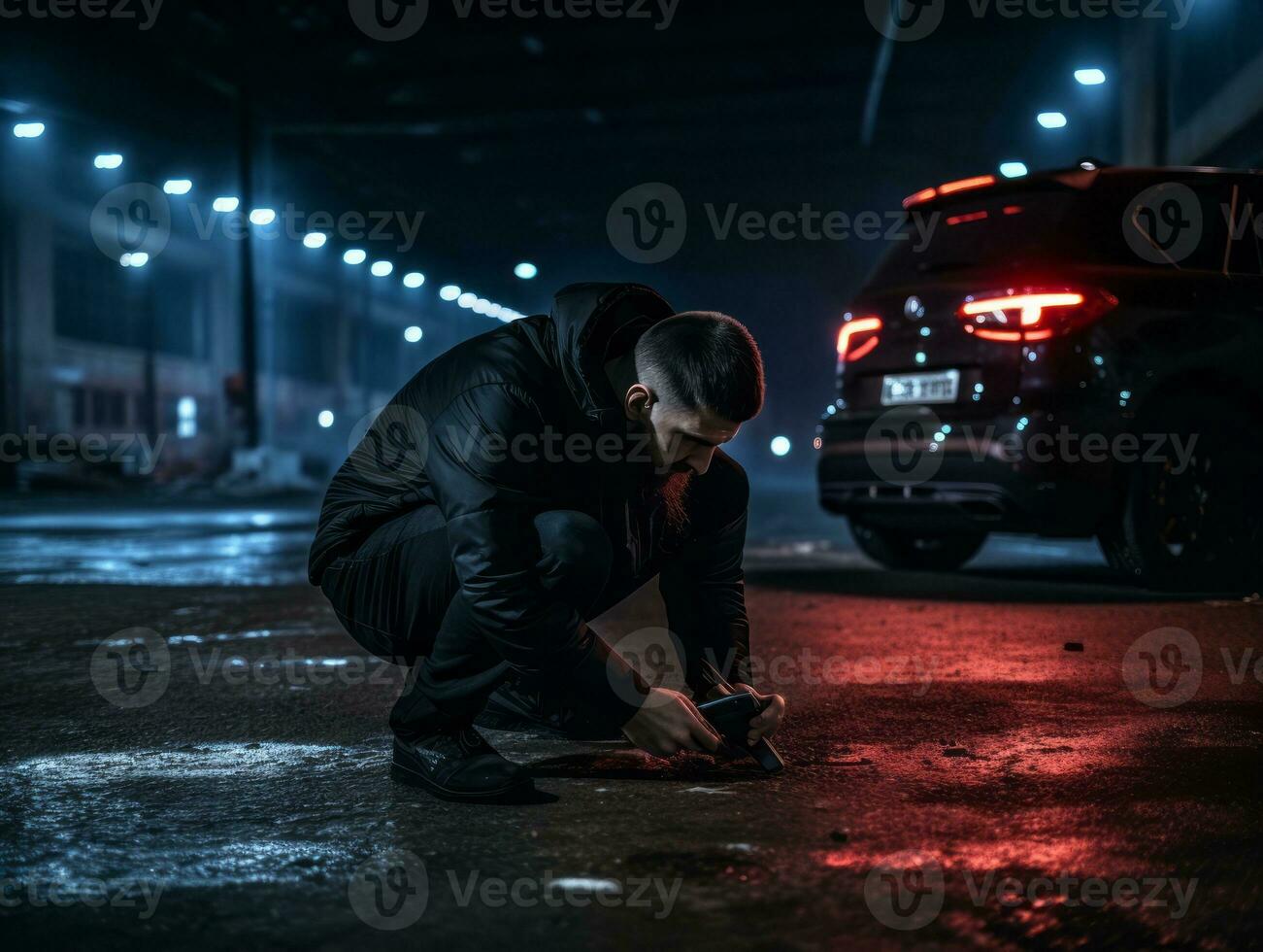 Policeman is meticulously examining the scene for evidence during his investigation AI Generative photo
