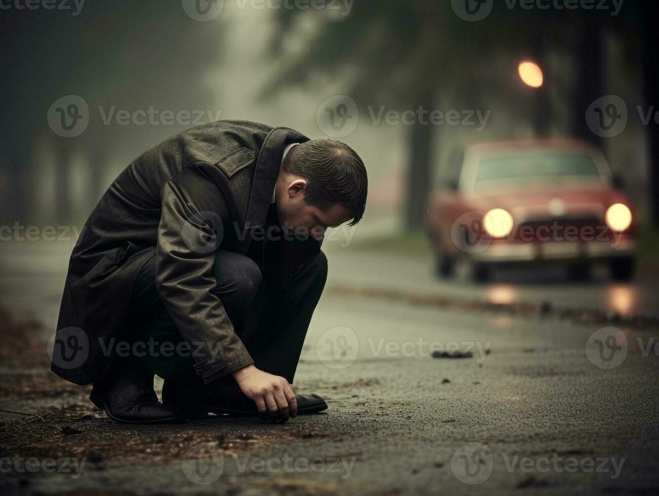 Policeman is meticulously examining the scene for evidence during his investigation AI Generative photo