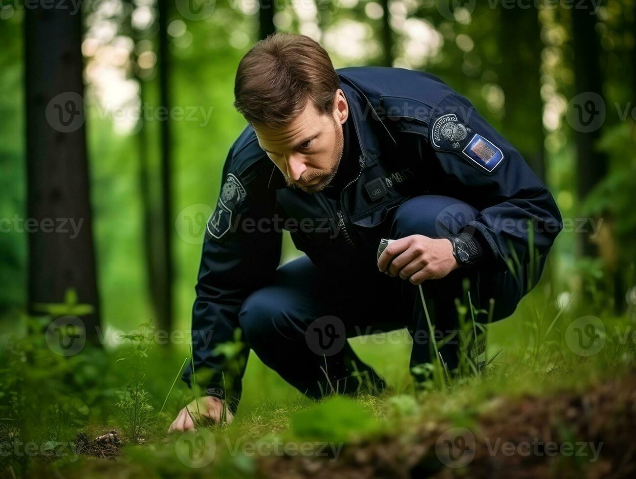 policía es meticulosamente examinando el escena para evidencia durante su investigación ai generativo foto