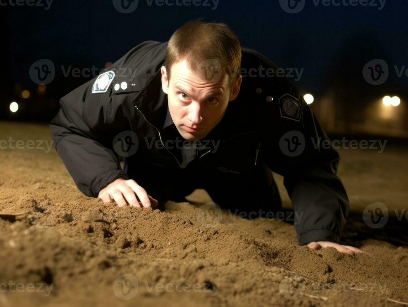 Policeman is meticulously examining the scene for evidence during his investigation AI Generative photo