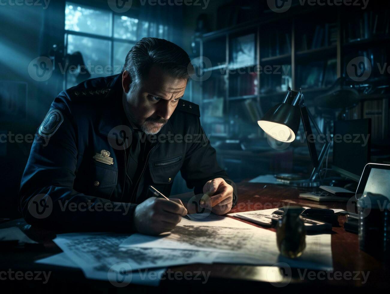 Policeman is meticulously examining the scene for evidence during his investigation AI Generative photo