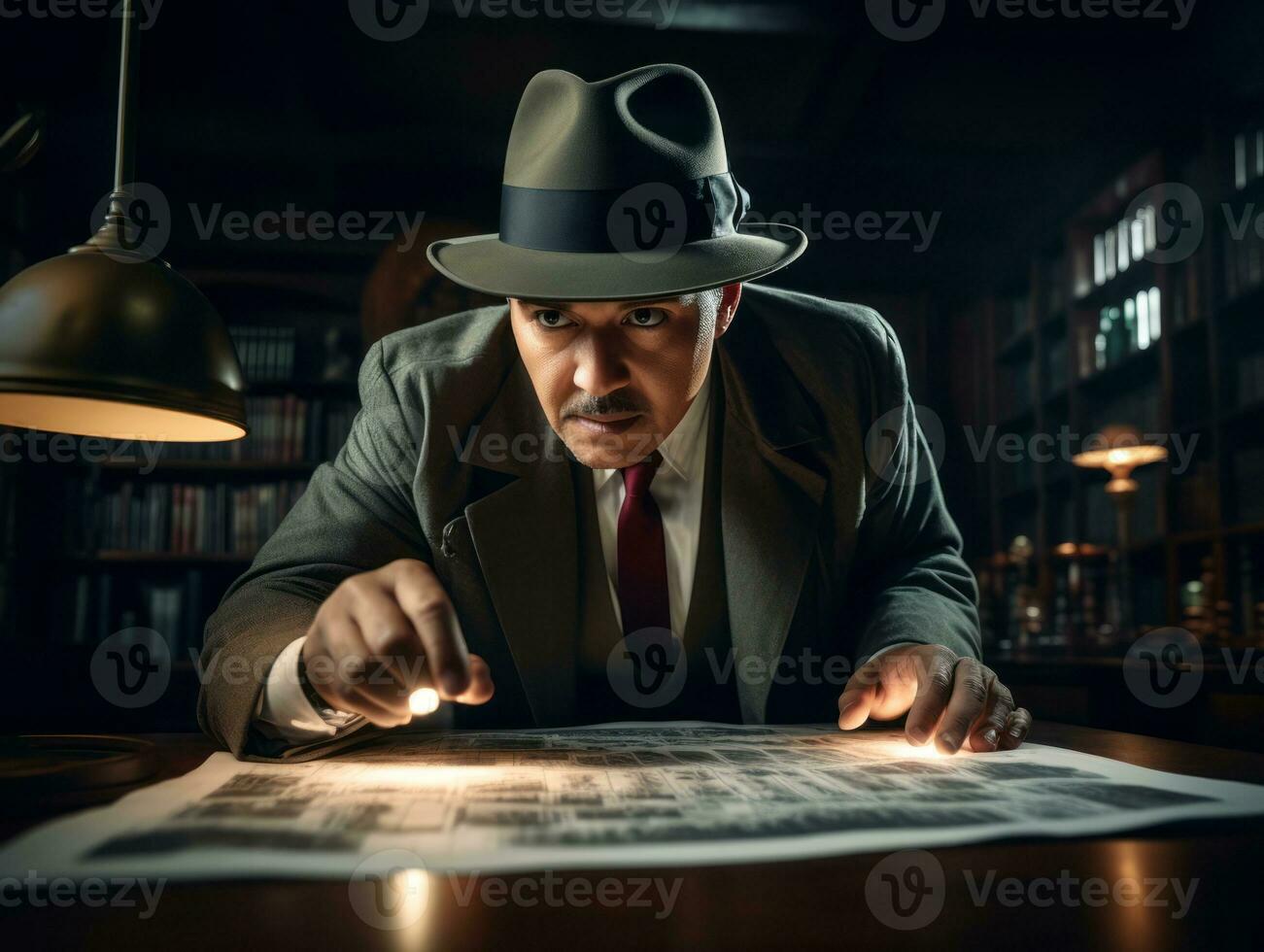 Policeman is meticulously examining the scene for evidence during his investigation AI Generative photo