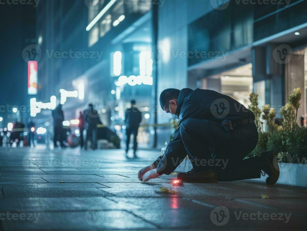 Policeman is meticulously examining the scene for evidence during his investigation AI Generative photo