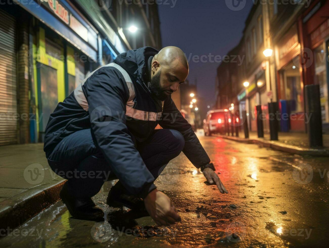 Policeman is meticulously examining the scene for evidence during his investigation AI Generative photo