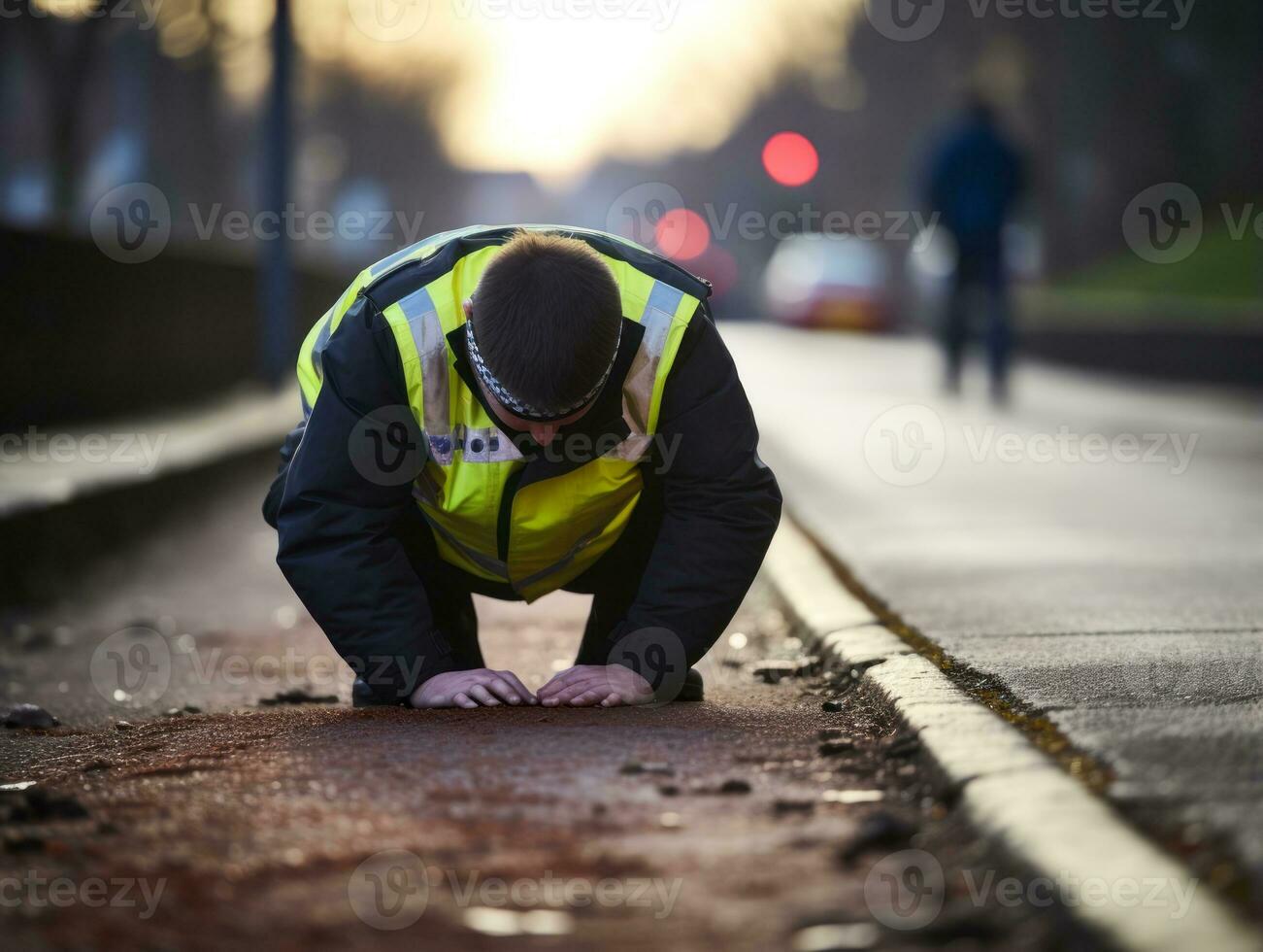 Policeman is meticulously examining the scene for evidence during his investigation AI Generative photo