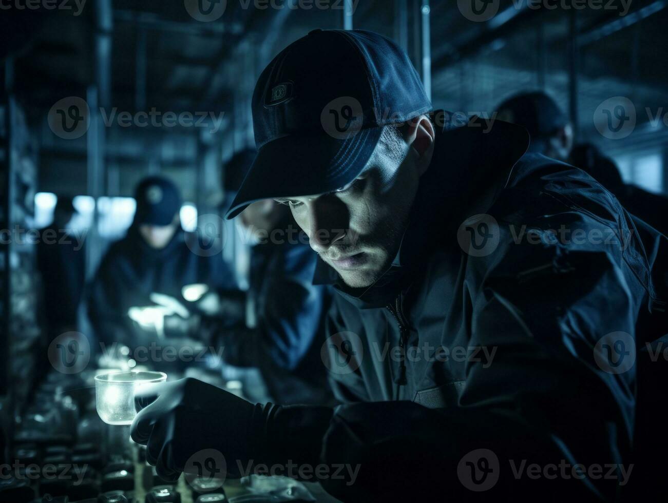 Policeman is meticulously examining the scene for evidence during his investigation AI Generative photo