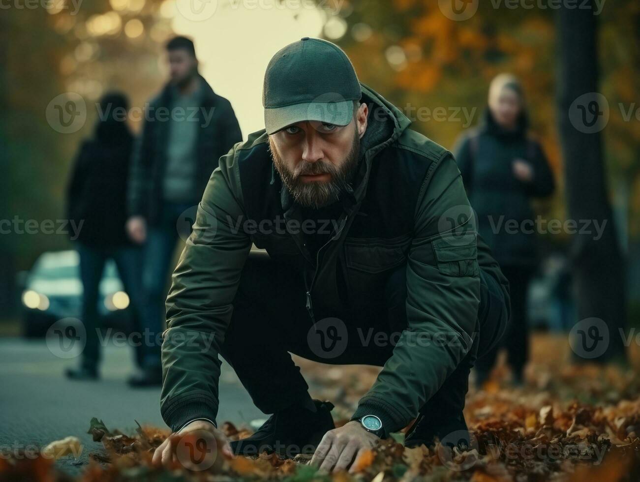 Policeman is meticulously examining the scene for evidence during his investigation AI Generative photo