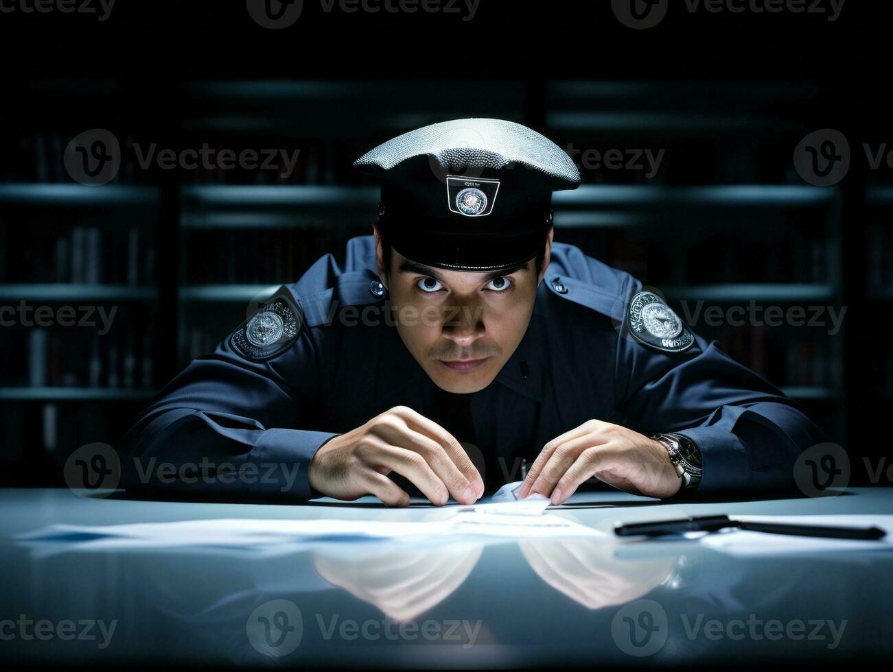 Policeman is meticulously examining the scene for evidence during his investigation AI Generative photo