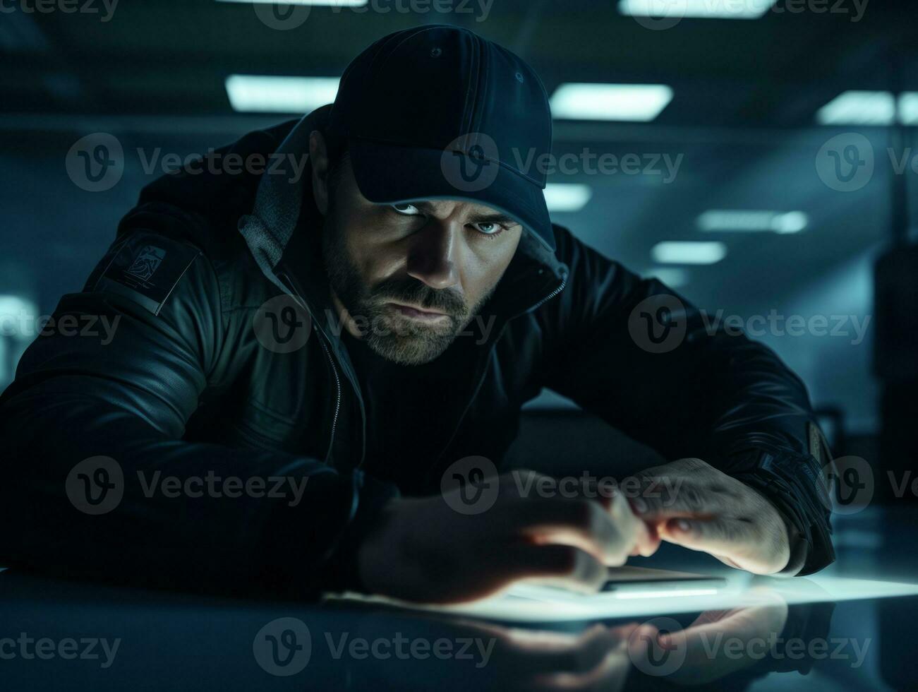 Policeman is meticulously examining the scene for evidence during his investigation AI Generative photo