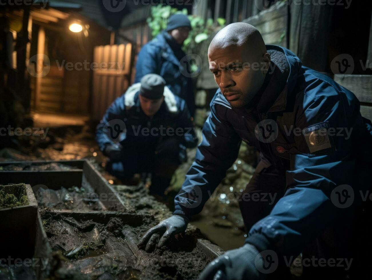 Policeman is meticulously examining the scene for evidence during his investigation AI Generative photo