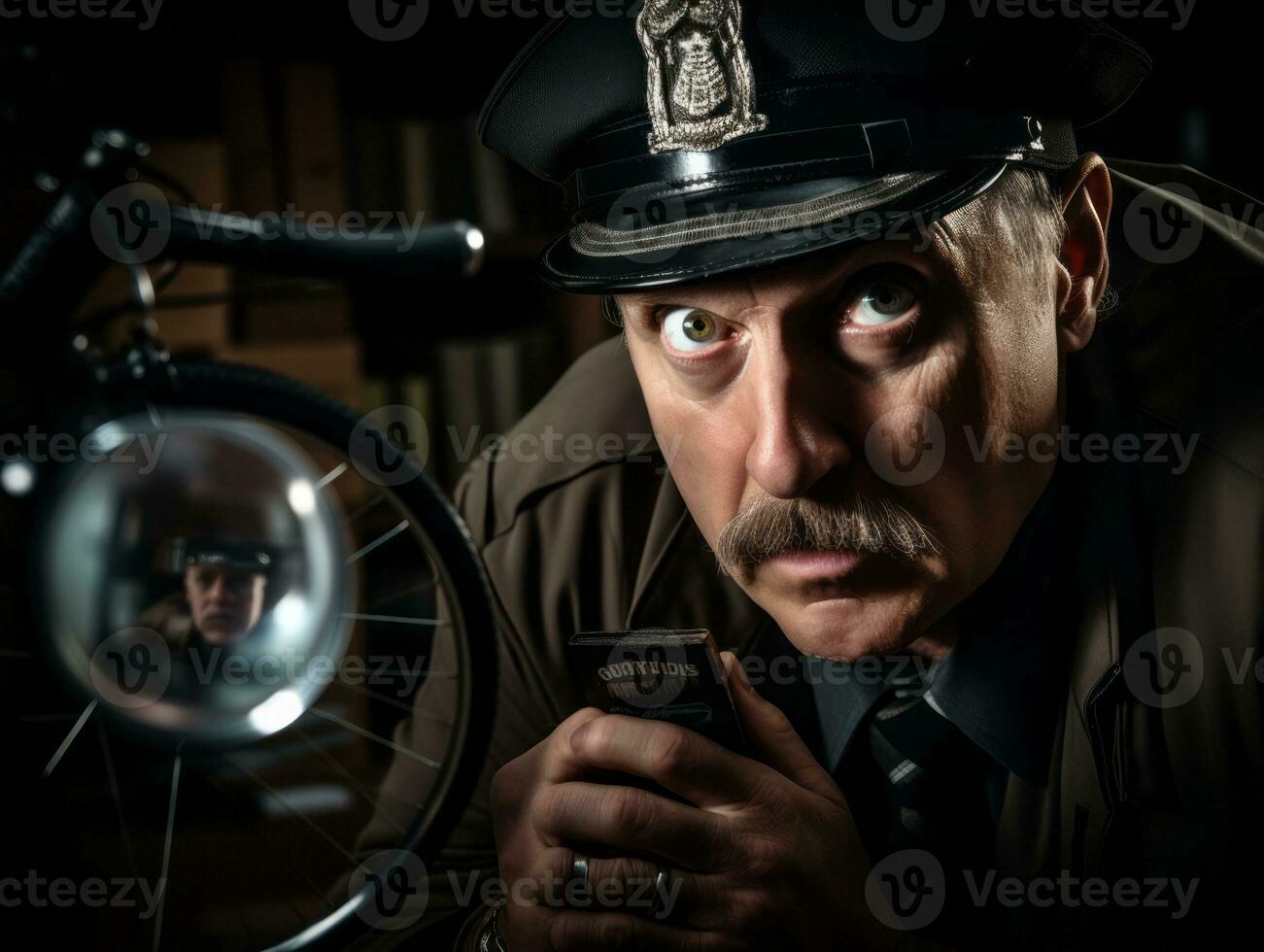 Policeman is meticulously examining the scene for evidence during his investigation AI Generative photo