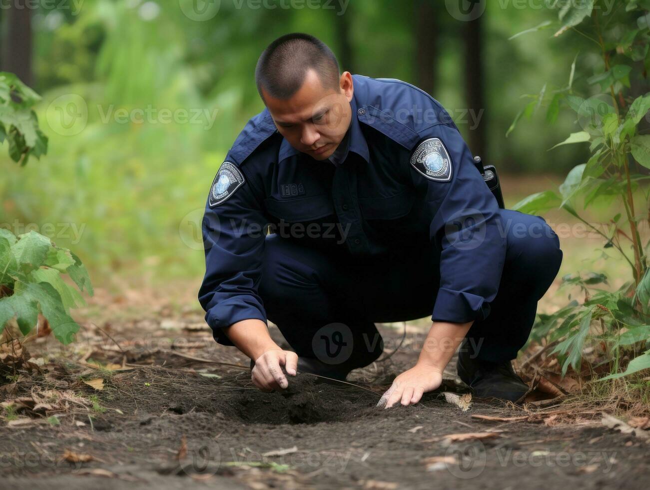 Policeman is meticulously examining the scene for evidence during his investigation AI Generative photo
