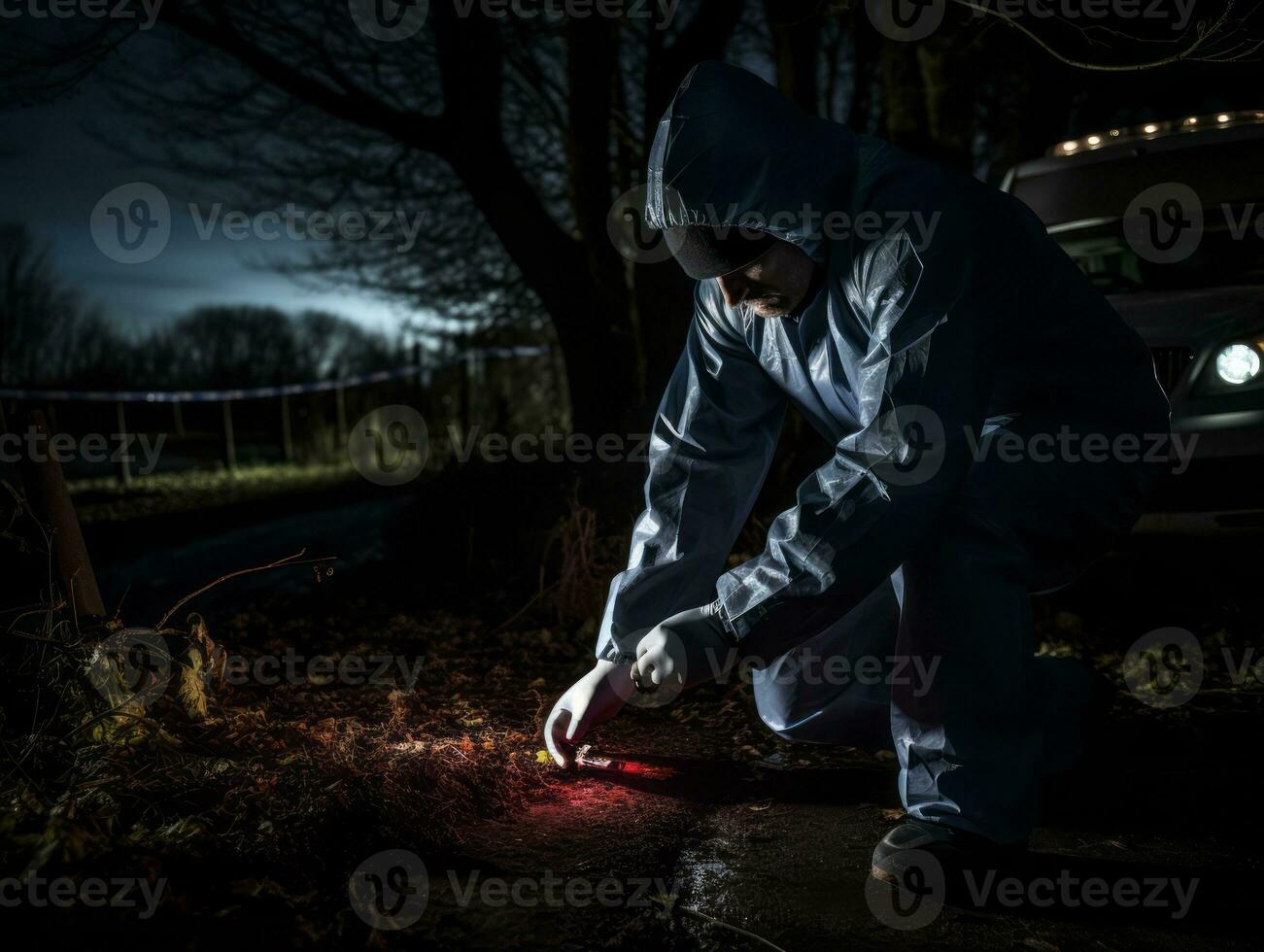 Policeman is meticulously examining the scene for evidence during his investigation AI Generative photo