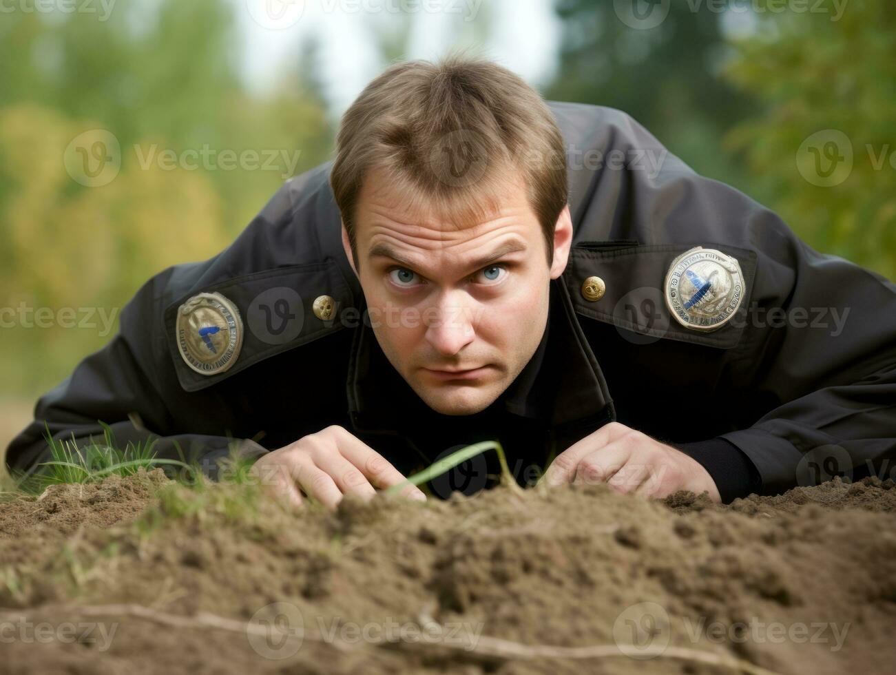 Policeman is meticulously examining the scene for evidence during his investigation AI Generative photo