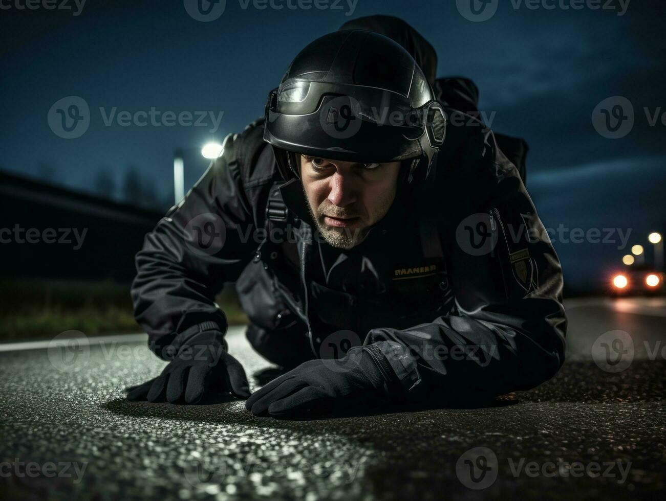 Policeman is meticulously examining the scene for evidence during his investigation AI Generative photo