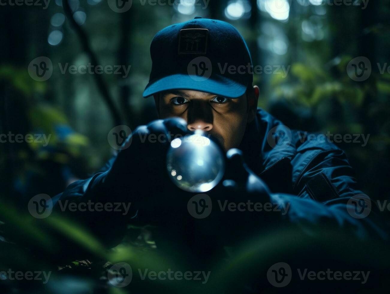 Policeman is meticulously examining the scene for evidence during his investigation AI Generative photo