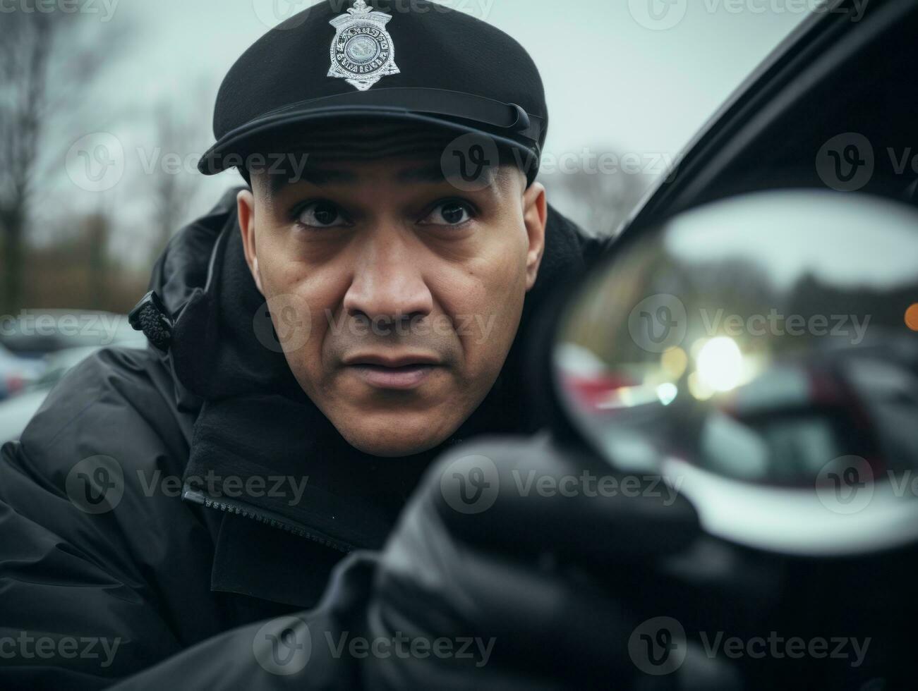 Policeman is meticulously examining the scene for evidence during his investigation AI Generative photo